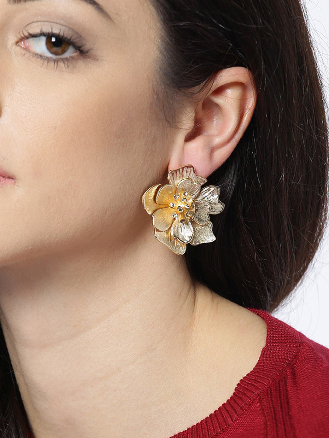 OOMPH Gold-Plated Crystal Studed Floral Studs