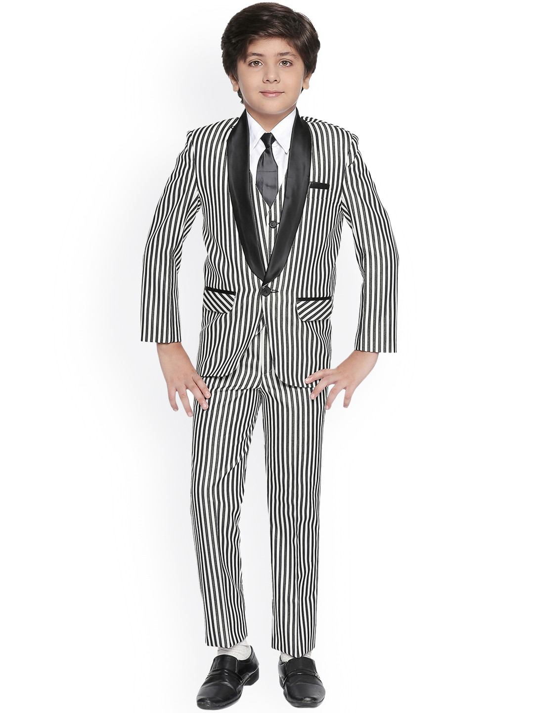 Jeetethnics Boys White & Black Striped 5 Piece Tuxedo Suit