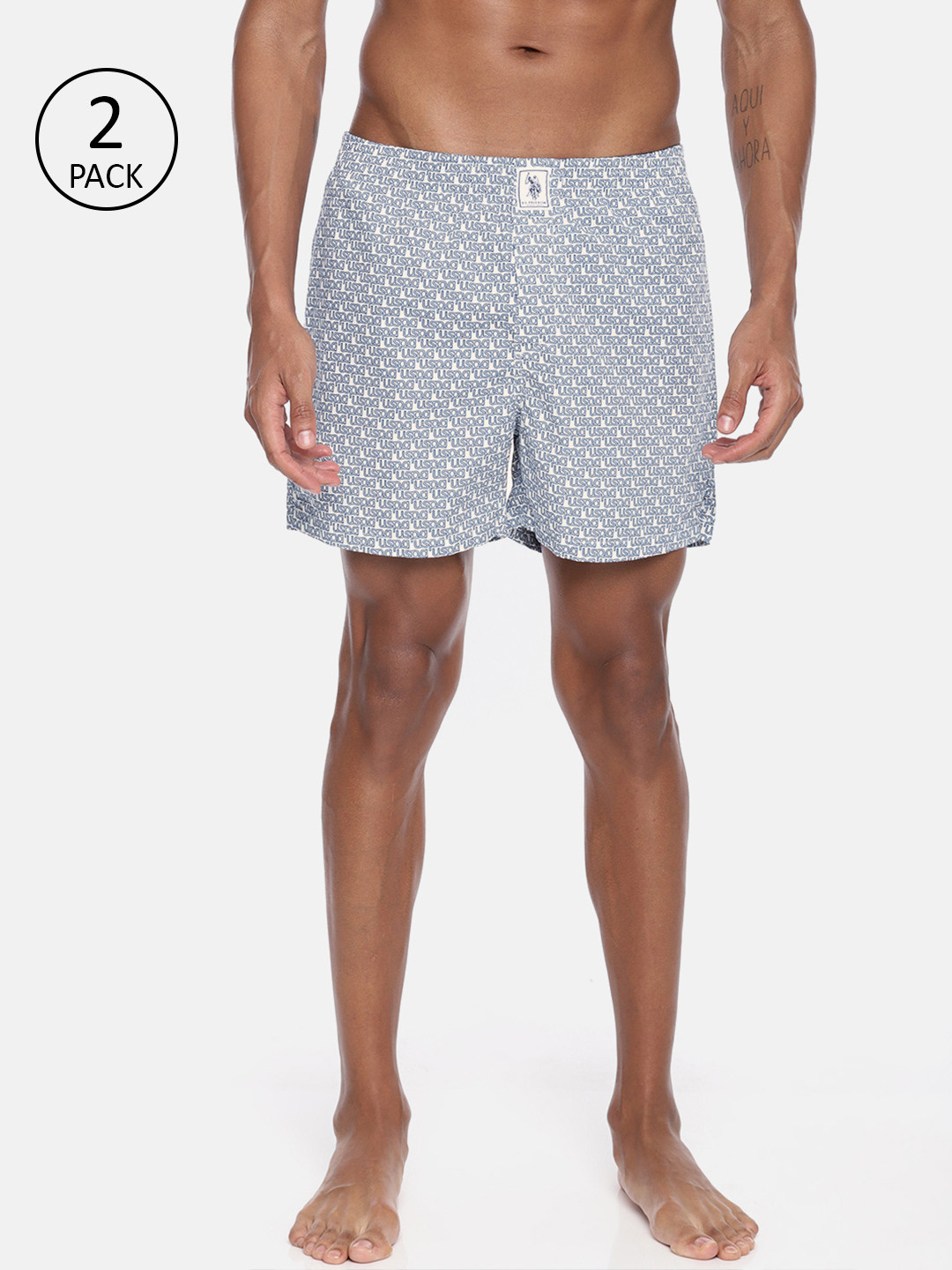 U.S. Polo Assn. Men Pack Of 2 Navy Blue & Off-White Printed Boxers