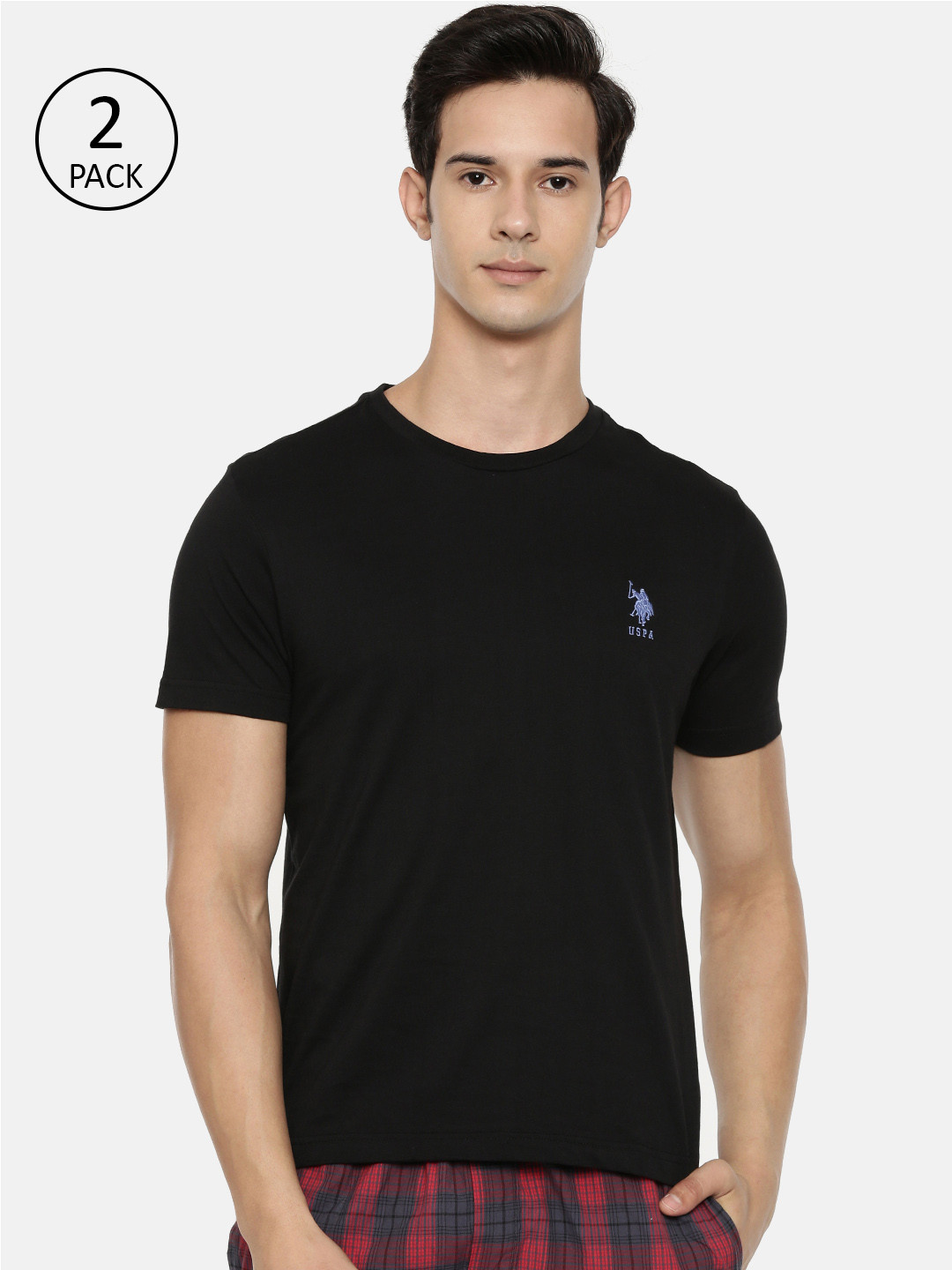U.S. Polo Assn. Men Pack of 2 Black Solid Round Neck Athleisure Lounge T-shirt