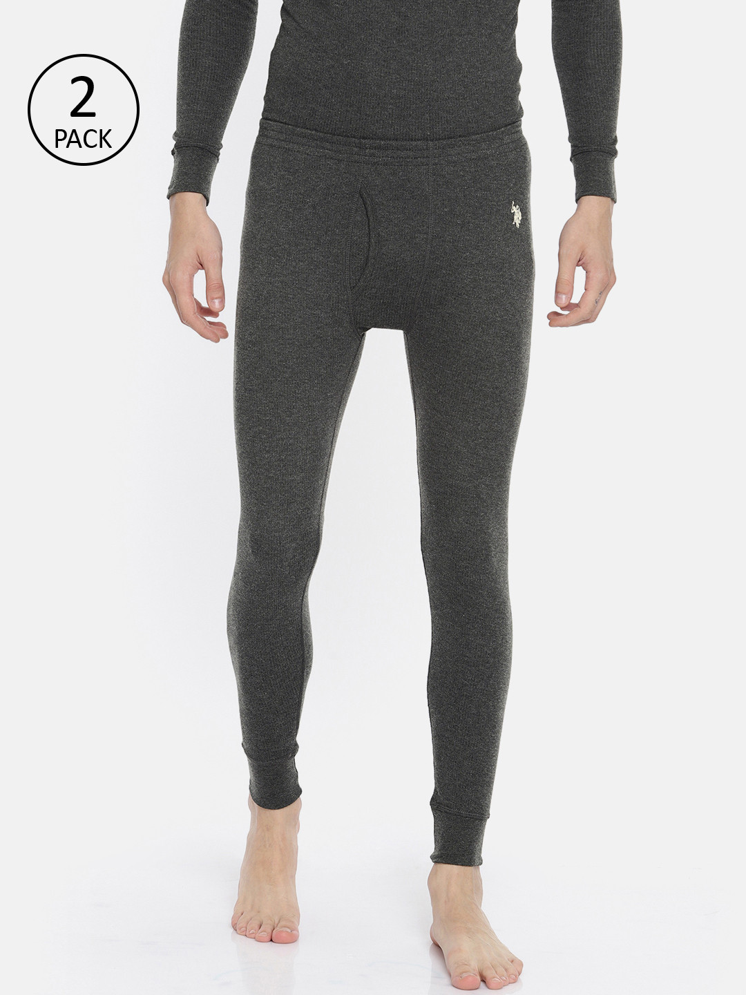 U.S. Polo Assn. Men Pack of 2 Charcoal Grey Solid Thermal Bottoms