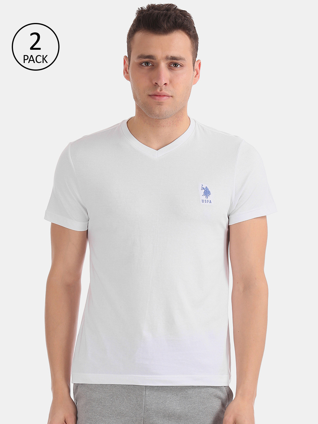 U.S. Polo Assn. Men Pack of 2 White Solid V-Neck T-shirt