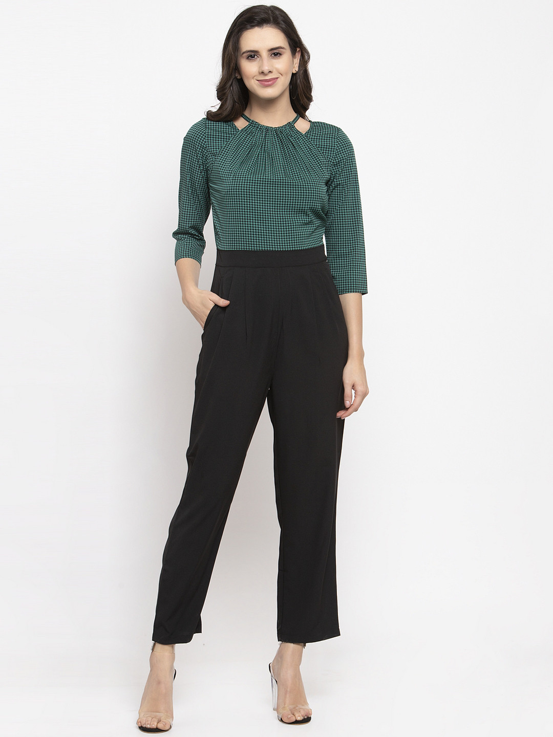 Magnetic Designs Women Green & Black Houndstooth Print Basic Jumpsuit