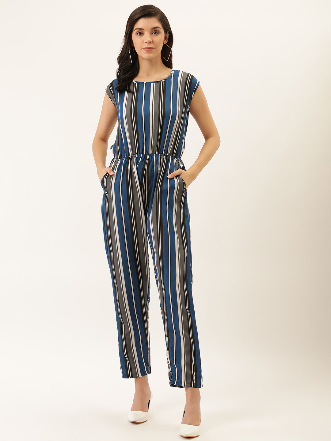 Darzi Women Blue & Charcoal Grey Striped Basic Jumpsuit