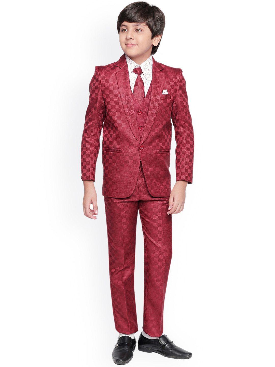 Jeetethnics Boys Red Self Design 5 Piece Suit