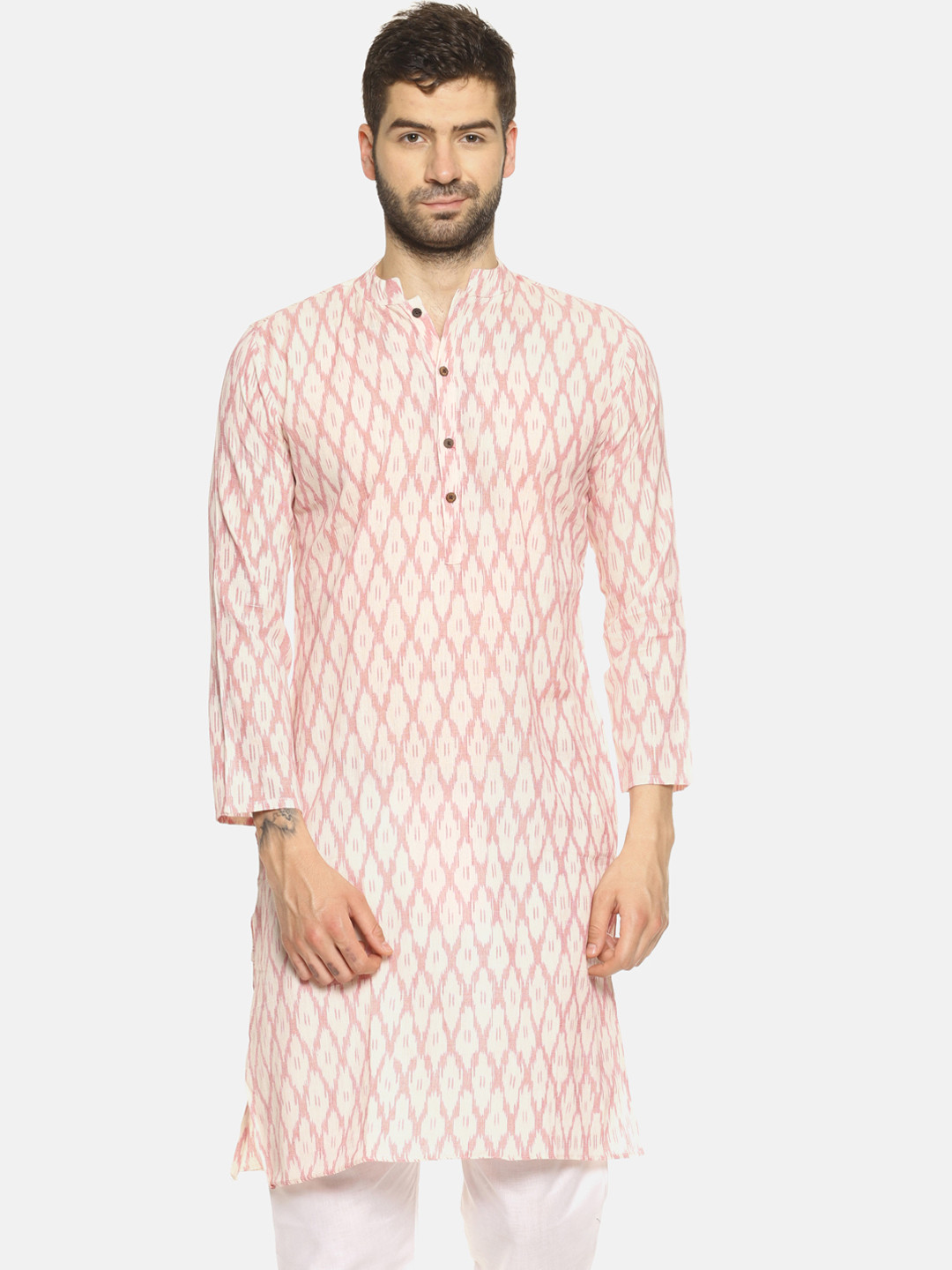 PAROKSH Men Cream-Coloured & Pink Ikat Printed Straight Kurta