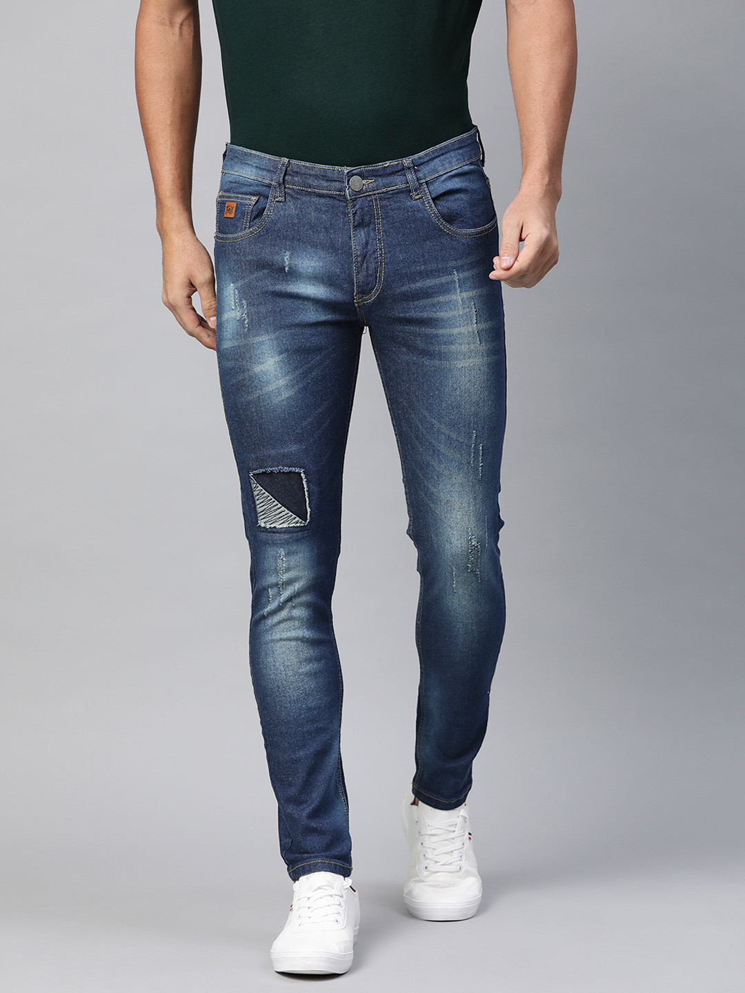Campus Sutra Men Navy Blue Mildly Distressed Light Fade Applique Stretchable Jeans