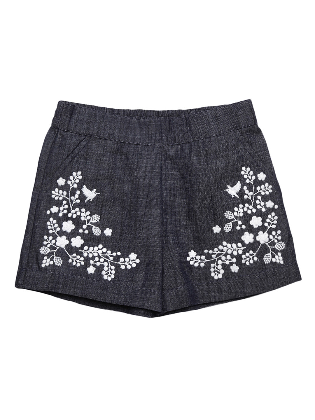 Cherry Crumble Girls Grey Melange & White Embroidered Regular Fit Hot Pants