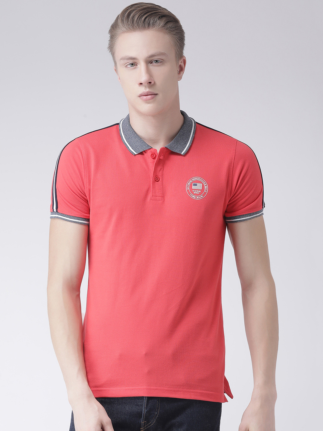 COBB Men Peach-Coloured Solid Polo Collar T-shirt
