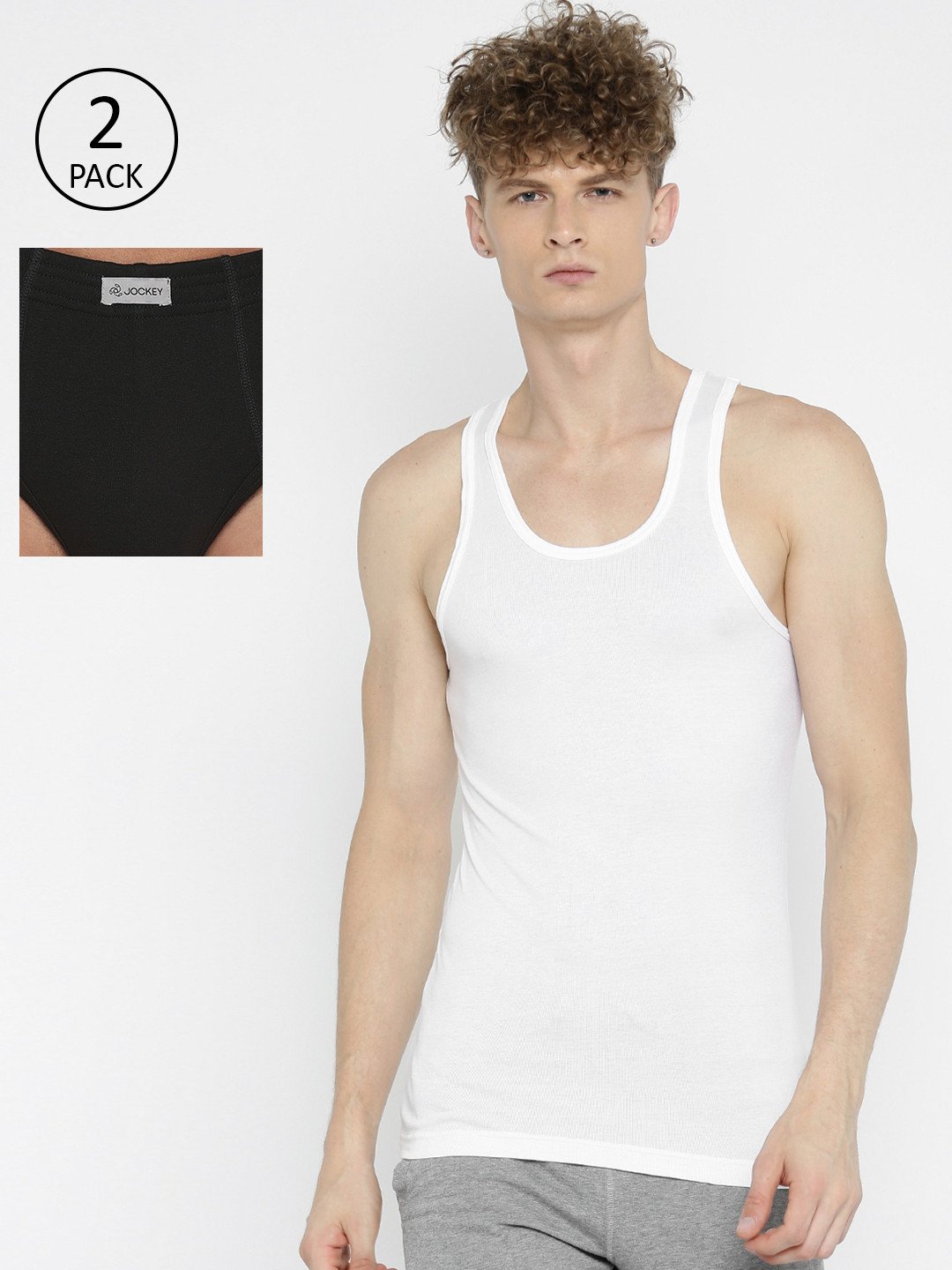 Jockey Men White & Black Solid Innerwear Vest With Contour Briefs