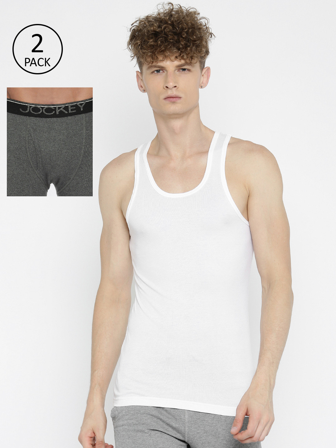 Jockey Men White & Charcoal Grey Solid Innerwear Vest With Trunks