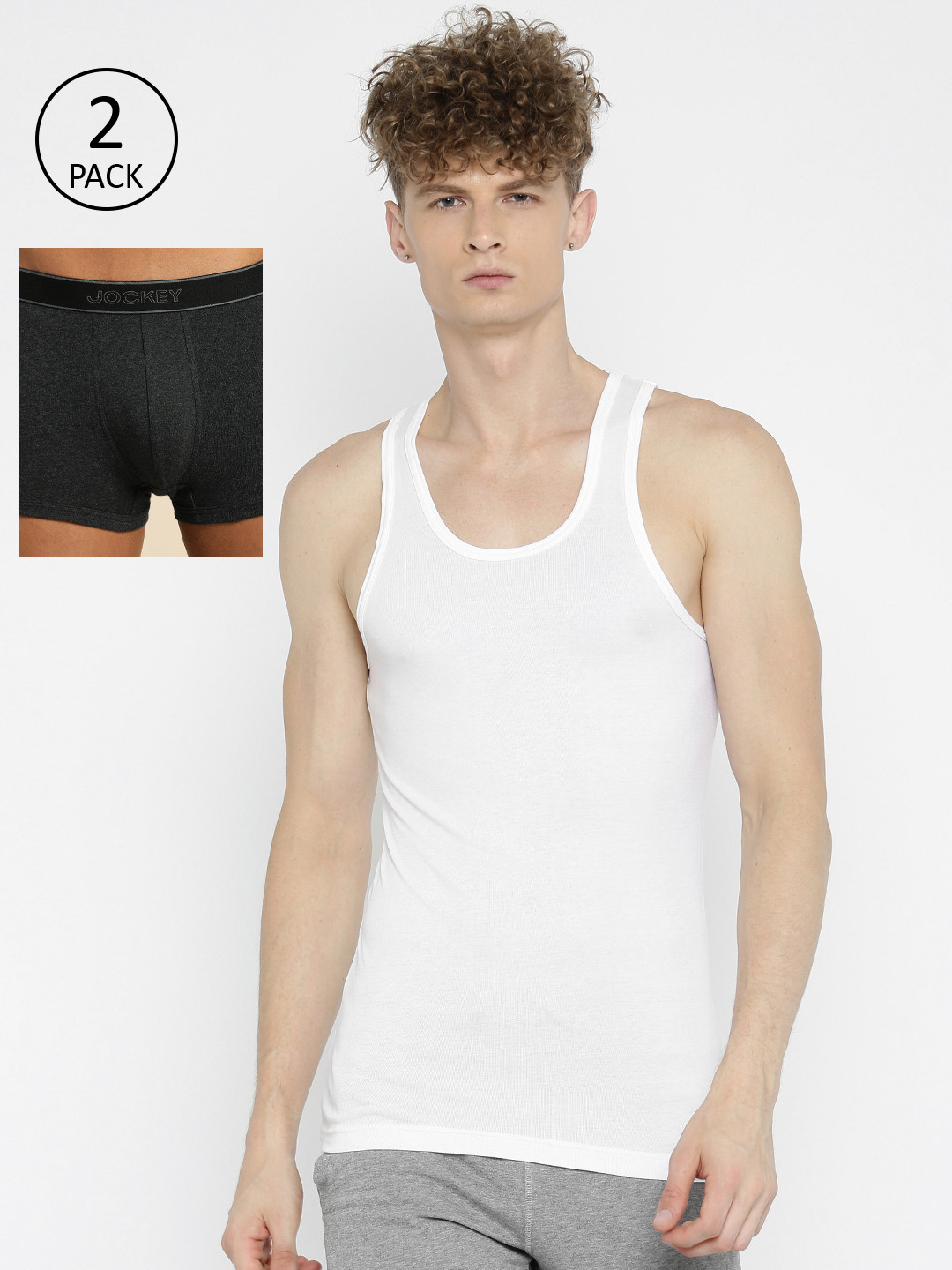 Jockey Men White Solid Innerwear Vest With Trunks