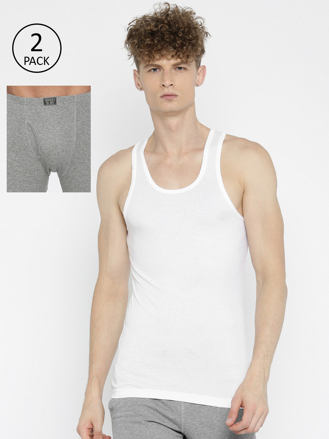 Jockey Men White Solid Innerwear Vest With Trunks