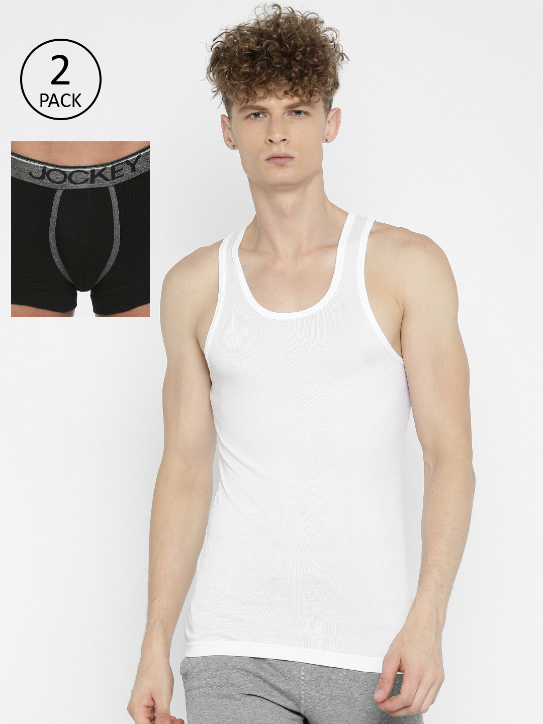 Jockey Men White Solid Innerwear Vest With Trunks