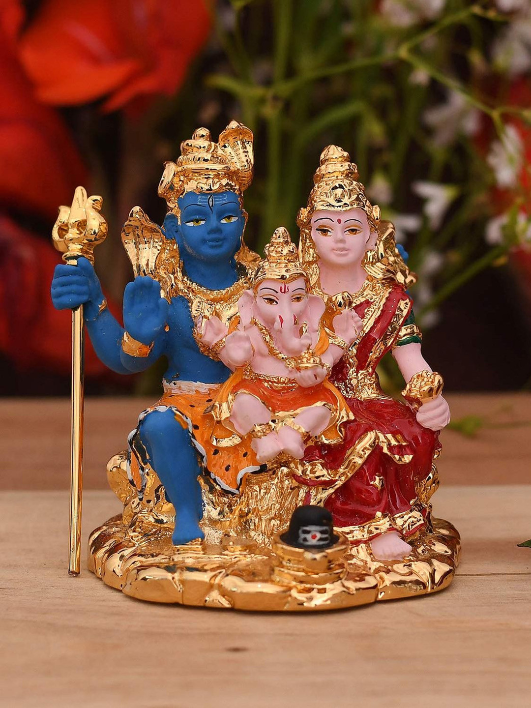 CraftVatika Lord Shiva Family Gold Ceramic Natural Prayer Room Tiny Showpiece - 3.5 Inches