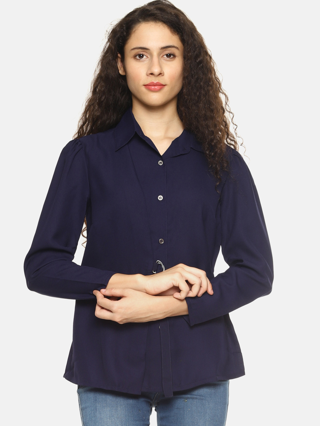 SAHORA Women Navy Blue Regular Fit Solid Casual Shirt