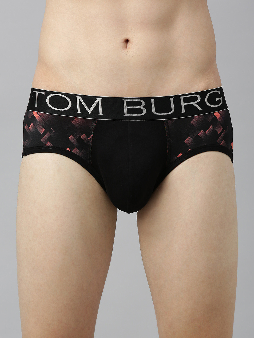 TOM BURG Men Black & Coral Red Printed Basic Briefs 100-Black Red