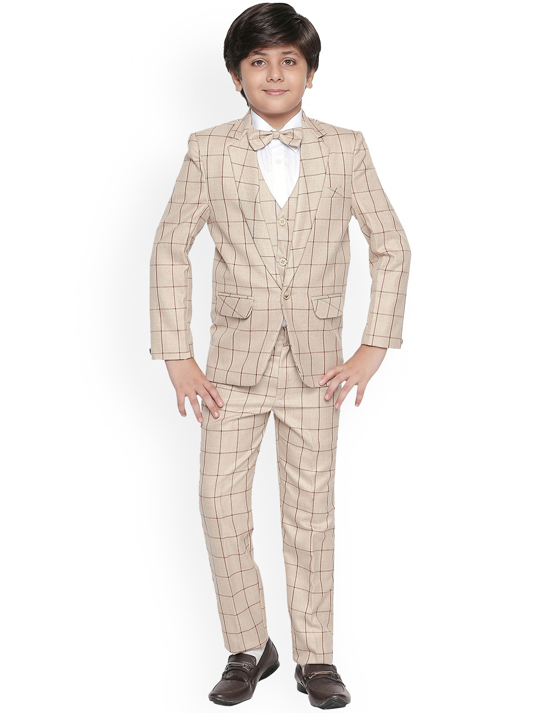 Jeetethnics Boys Beige & White Checked Clothing Set