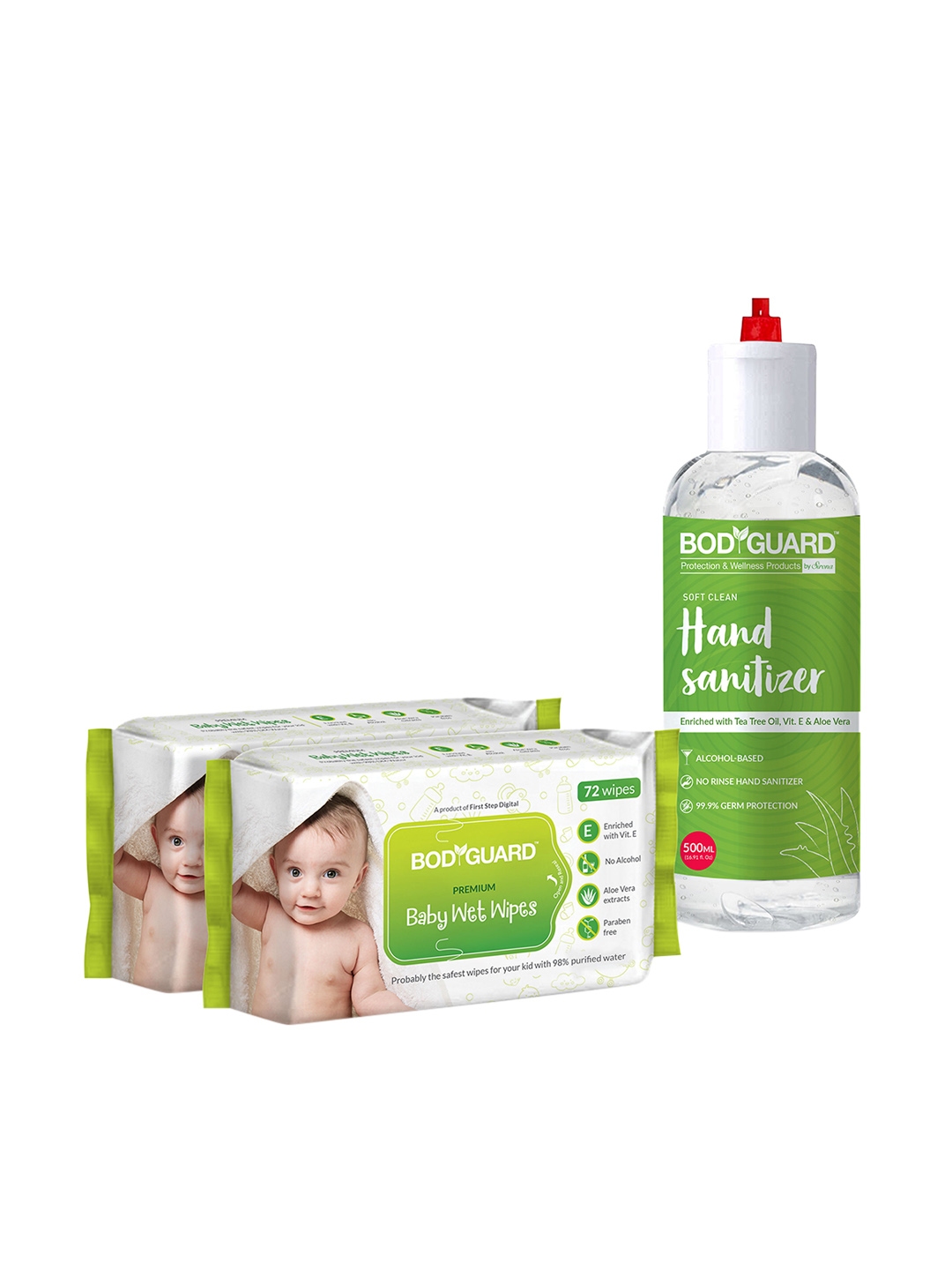 BOD GUARD Set of 2 Baby Wet Wipes Alcohol Based Hand Sanitizer 500 ml