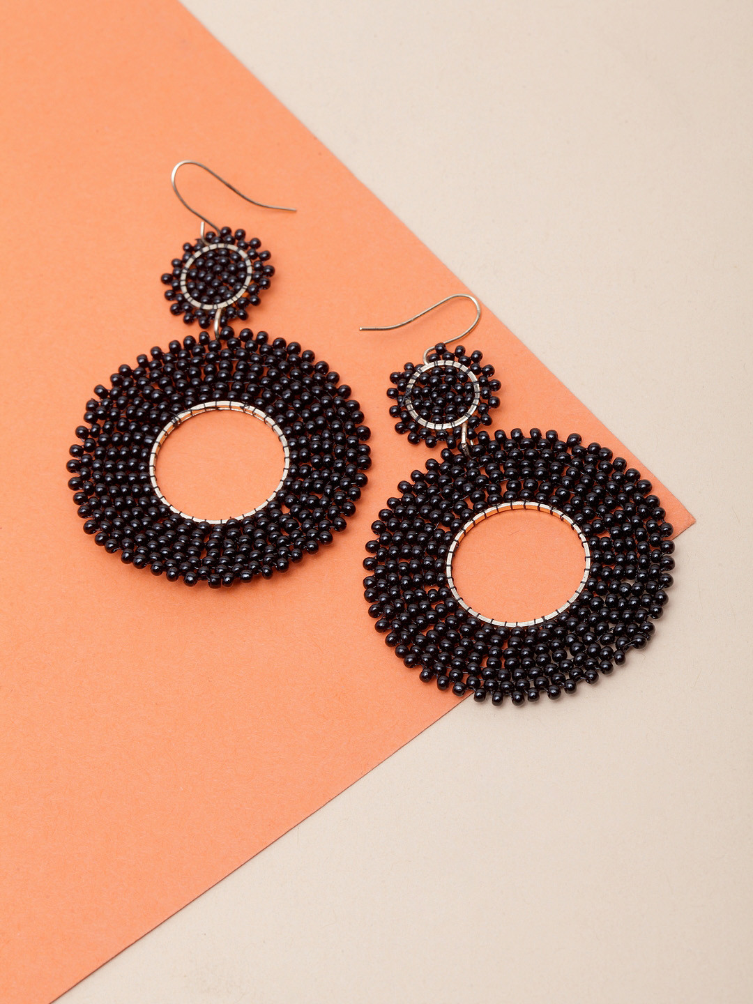 Madame Black Circular Rose Gold Plated Beaded Drop Earrings
