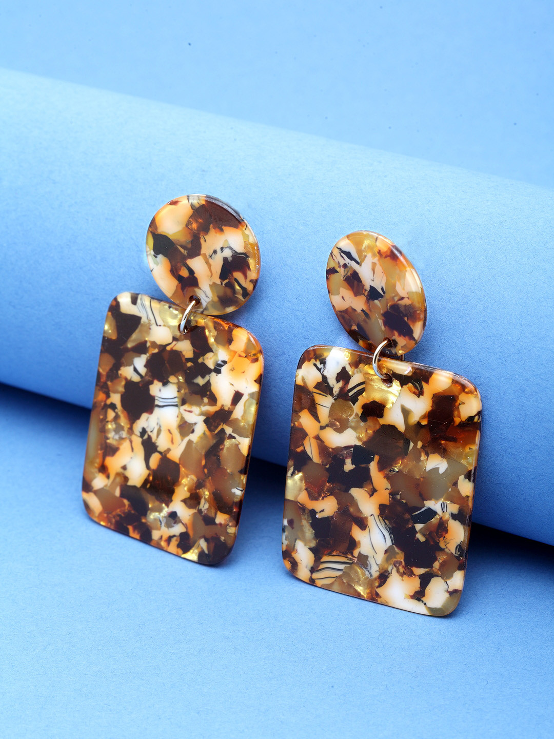 Madame Orange & Black Square Rose Gold Plated Drop Earrings