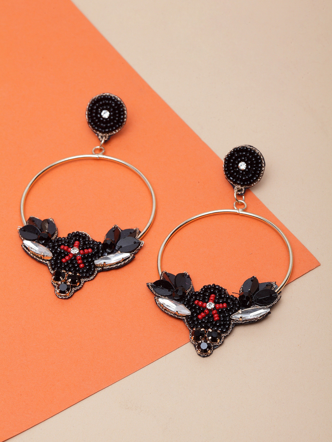 Madame Red & Black Hand Embroidery Circular Drop Earrings