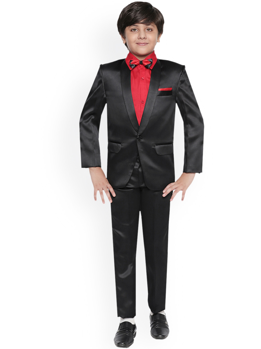 Jeetethnics Boys Black & Red Solid Coat with Shirt & Trousers