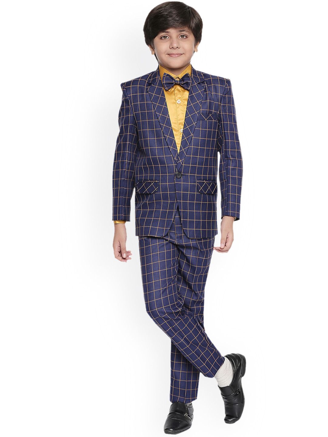 Jeetethnics Boys Navy Blue & Yellow Checked Suit
