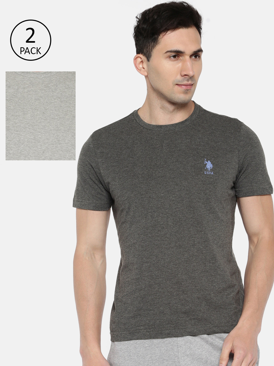 U.S. Polo Assn. Men Pack of 2 Grey Solid Round Neck Lounge T-shirt