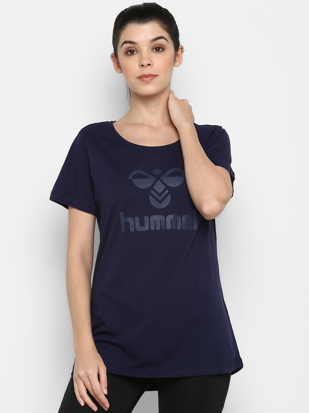 hummel Women Navy Blue Brand Logo Printed Round Neck T-shirt