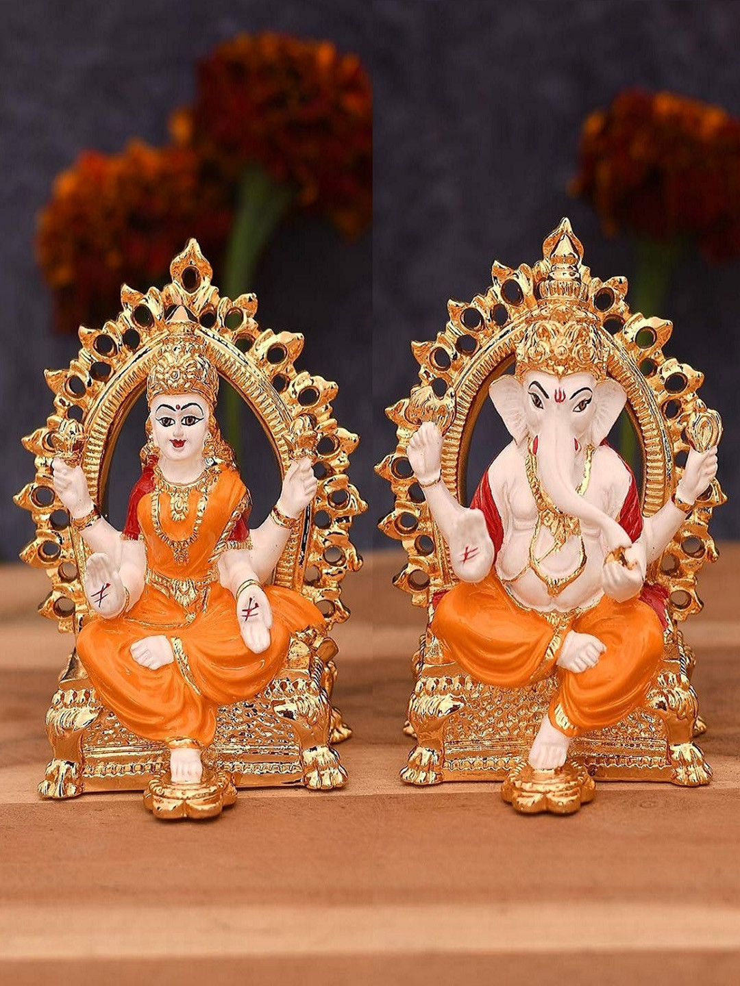 CraftVatika Lakshmi Ganesh Gold Ceramic Glossy Prayer Room Set of 2 Tiny Showpieces - 3.5 Inches