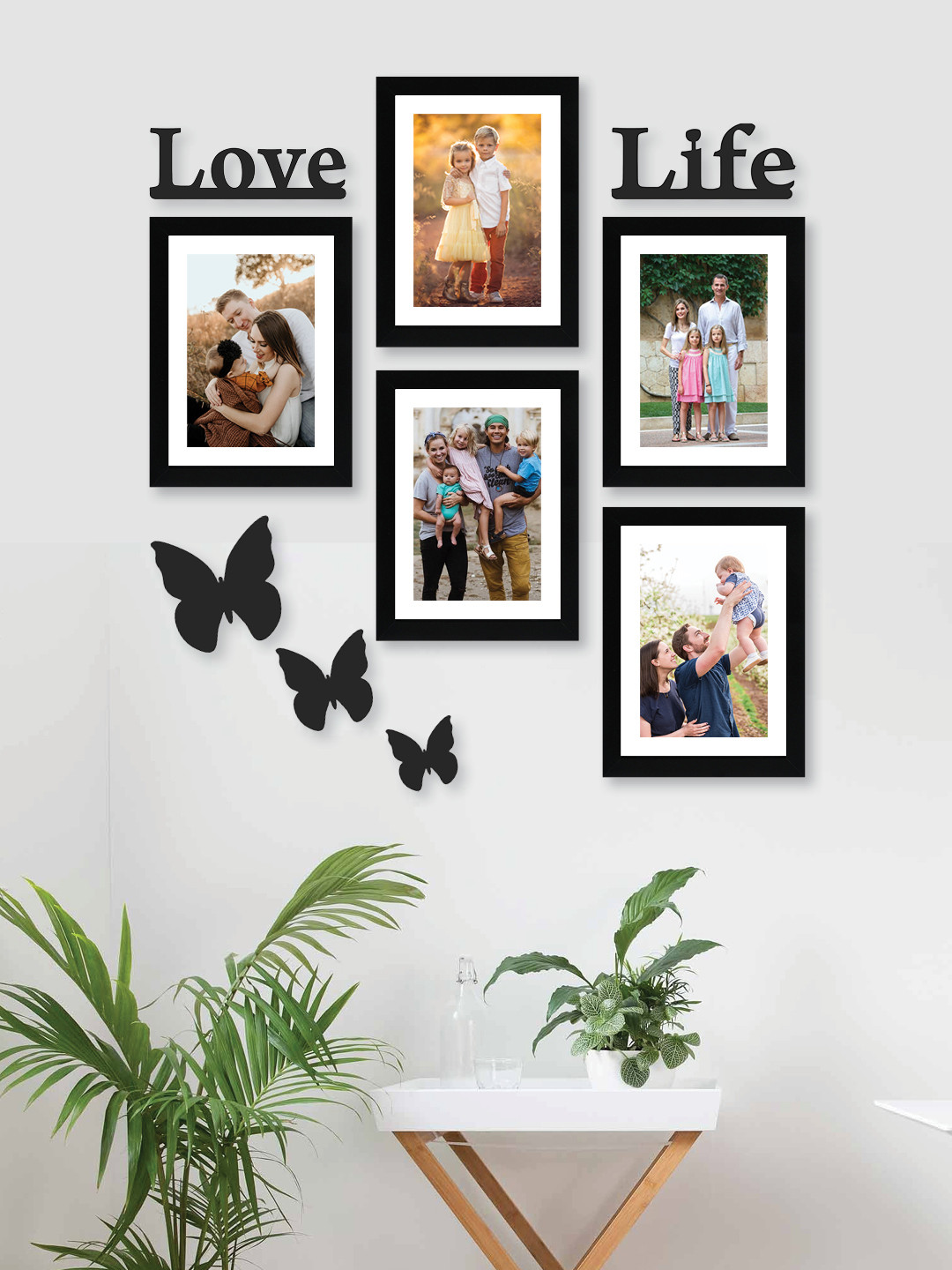 RANDOM Set Of 5 Black Solid Synthetic Photo Frames With Mount Paper & 3 Butterfly Plaques