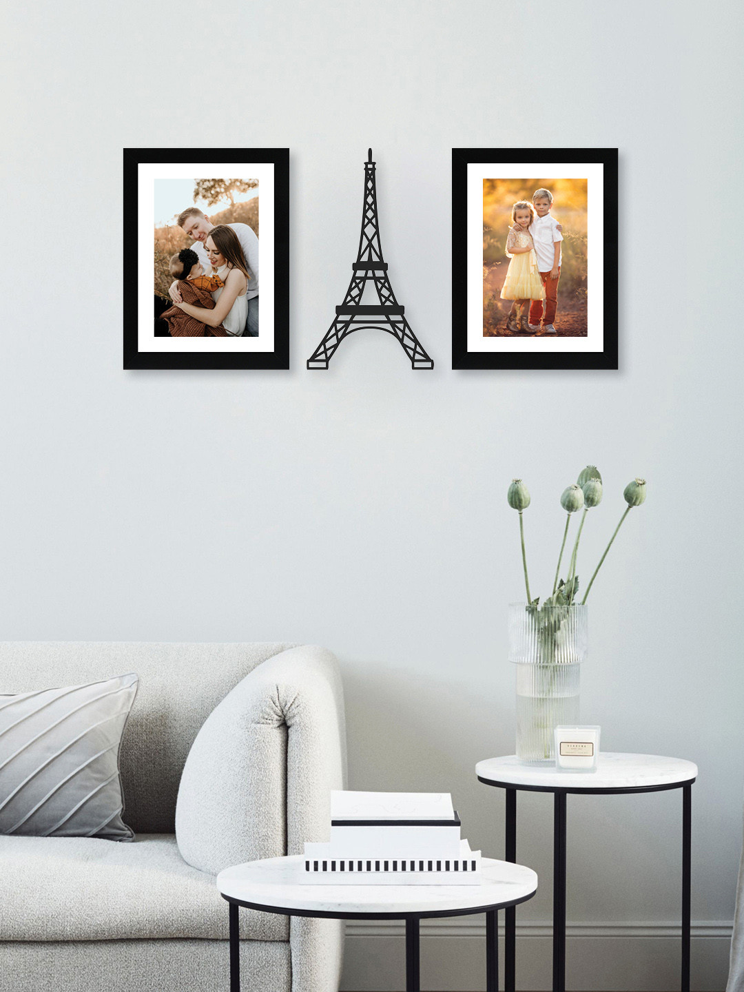 RANDOM Set Of 2 Black Solid Synthetic Photo Frames With Mount Paper & Eiffel Tower Plaque