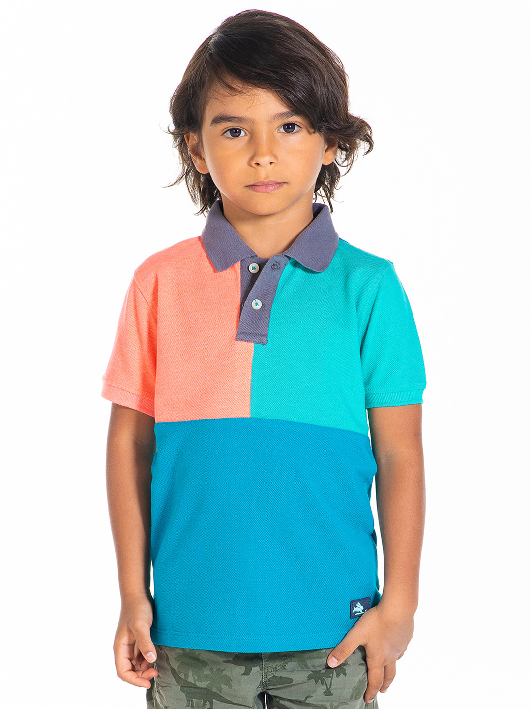 Cherry Crumble Unisex Kids Coral & Turquoise Blue Colourblocked Polo Collar T-shirt