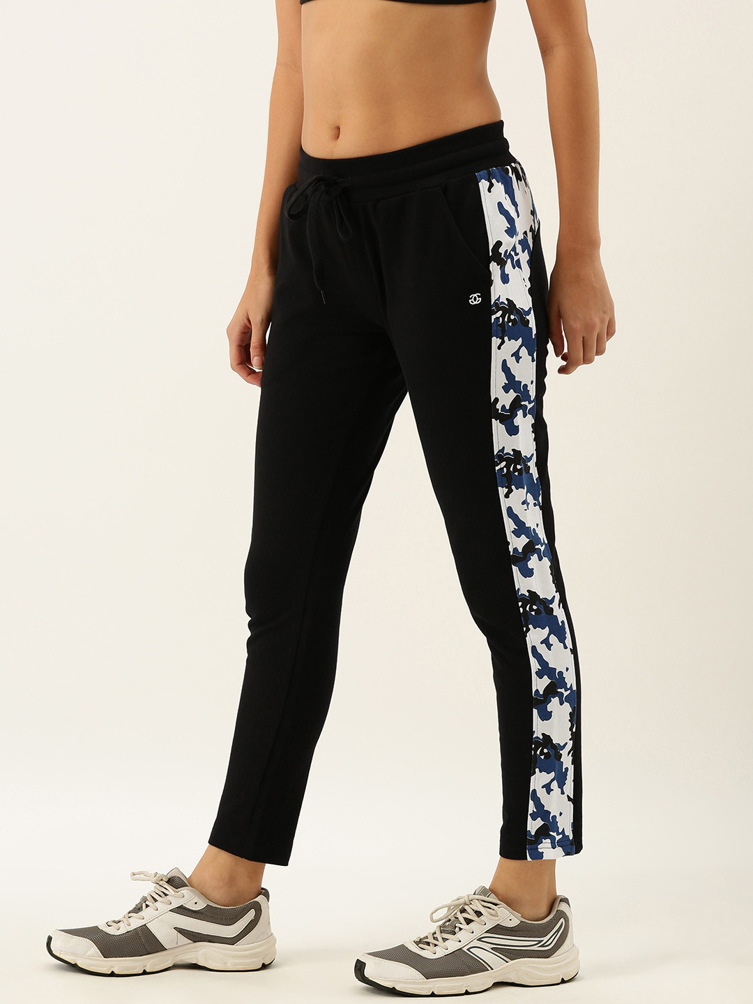 Genius18 Women Black Solid Slim Fit Cropped Training Track Pants With Printed Detail