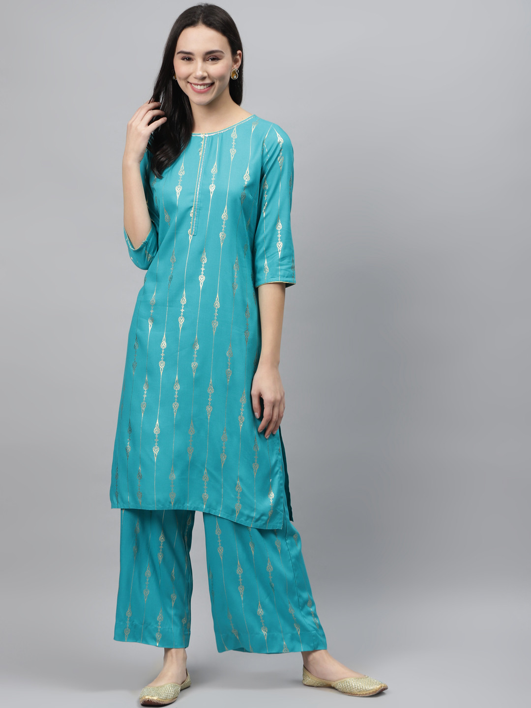 AURELIA Women Turquoise Blue & Golden Printed Kurta with Palazzos