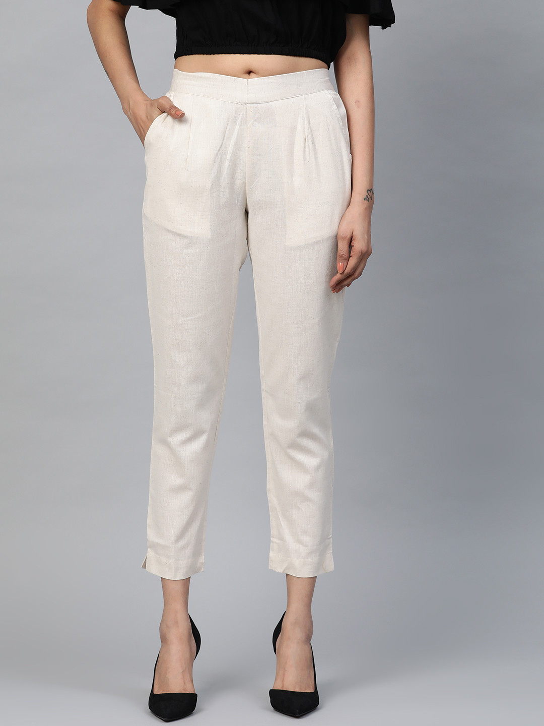 AURELIA Women Beige Regular Fit Speckled Effect Cropped Trousers