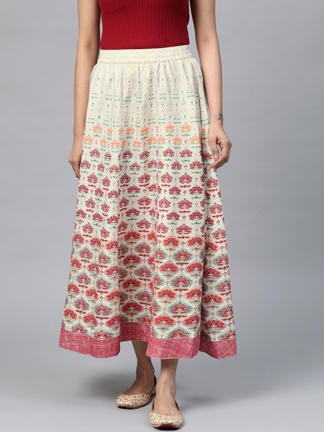 AURELIA White & Red Ethnic Print Flared Maxi Skirt