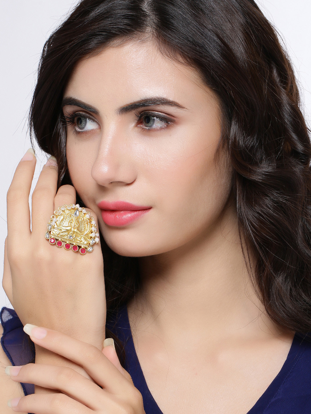 Shoshaa Gold-Plated Red & White Stone-Studded Dual Peacock Adjustable Finger Ring