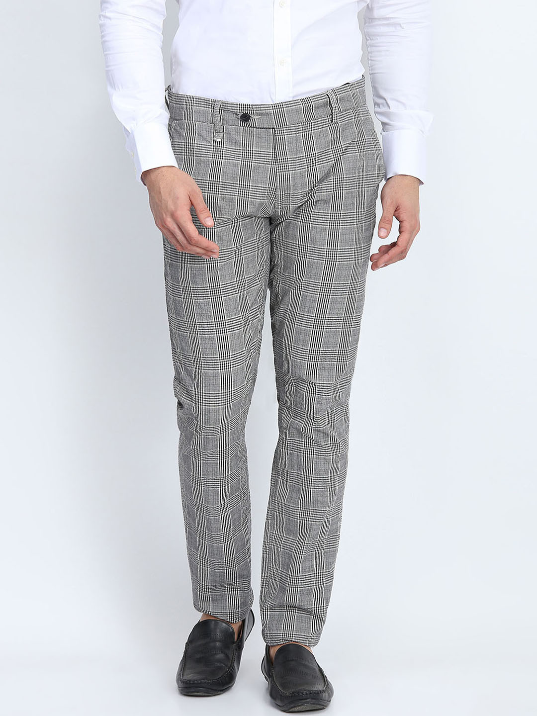Antony Morato Men Black & White Slim Fit Checked Formal Trousers