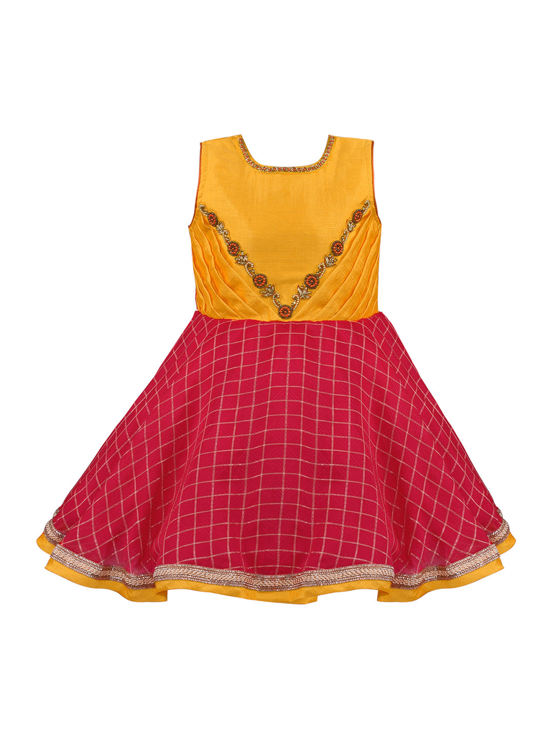 Wish Karo Girls Yellow & Red Checked Silk Fit and Flare Dress