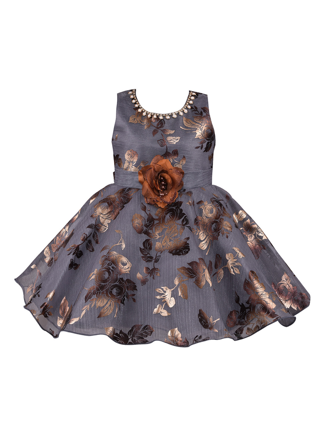 Wish Karo Girls Grey & Brown Printed Fit and Flare Dress