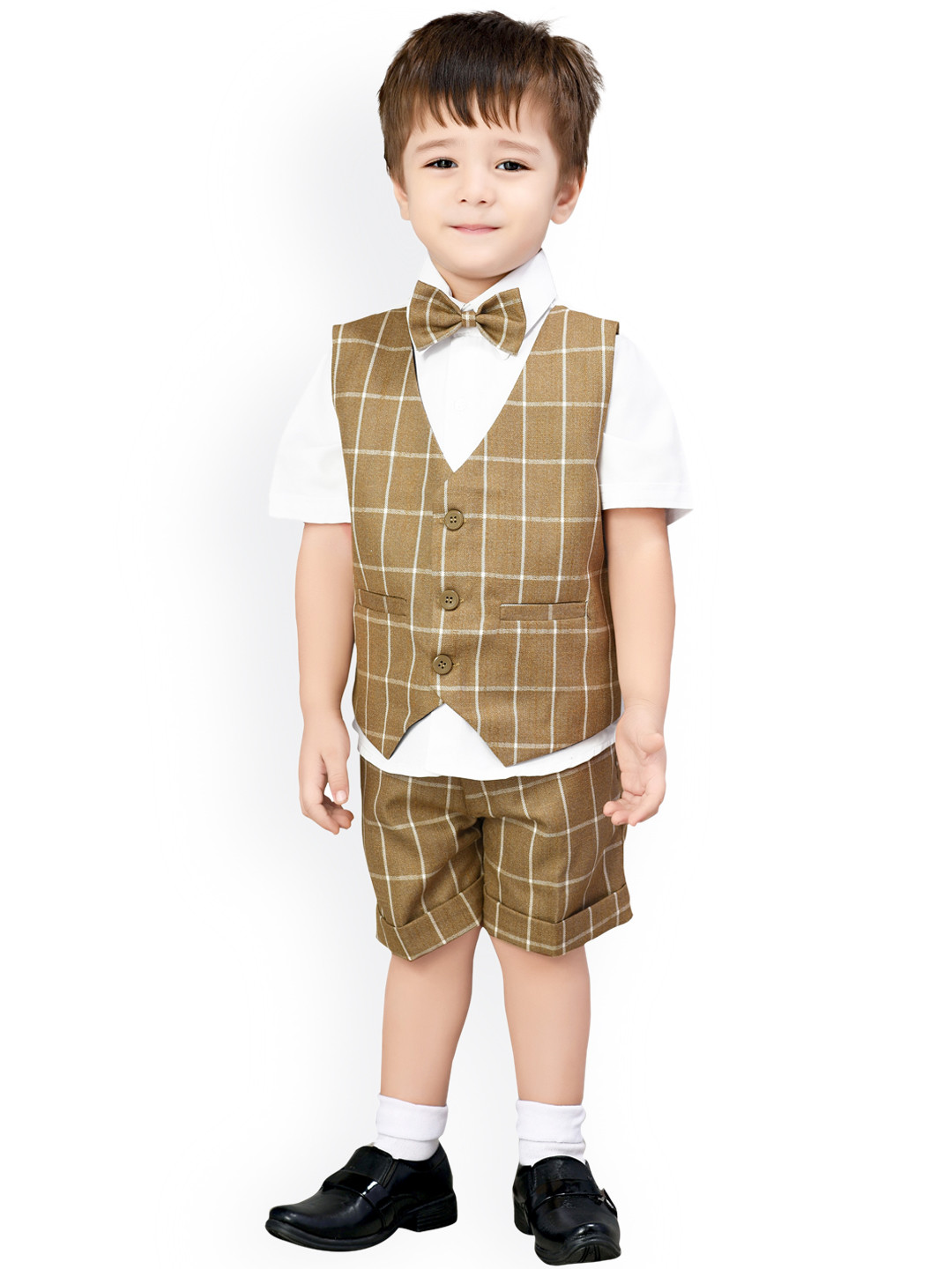 Jeetethnics Boys Khaki & White Solid Shirt with Shorts & Waistcoat