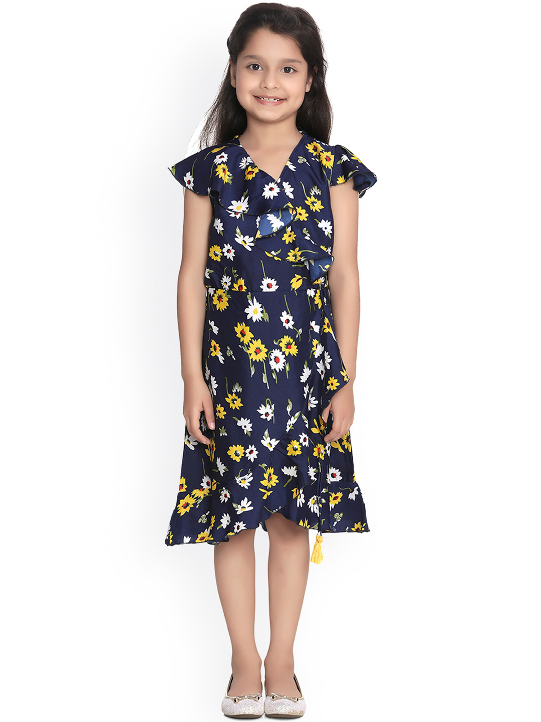 StyleStone Girls Navy Blue Floral Print Wrap Dress