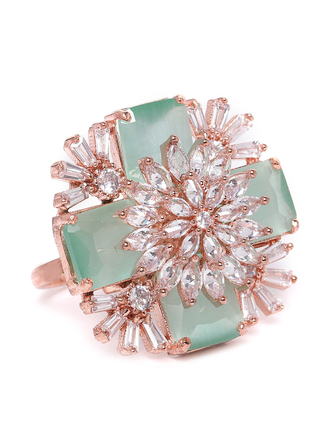 JEWELS GEHNA Green Rose Gold-Plated CZ Stone-Studded Handcrafted Adjustable Finger Ring