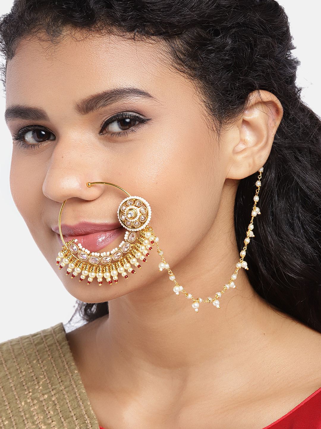 JEWELS GEHNA Pink & Off-White Gold-Plated CZ-Studded & Beaded Chained Nose Ring