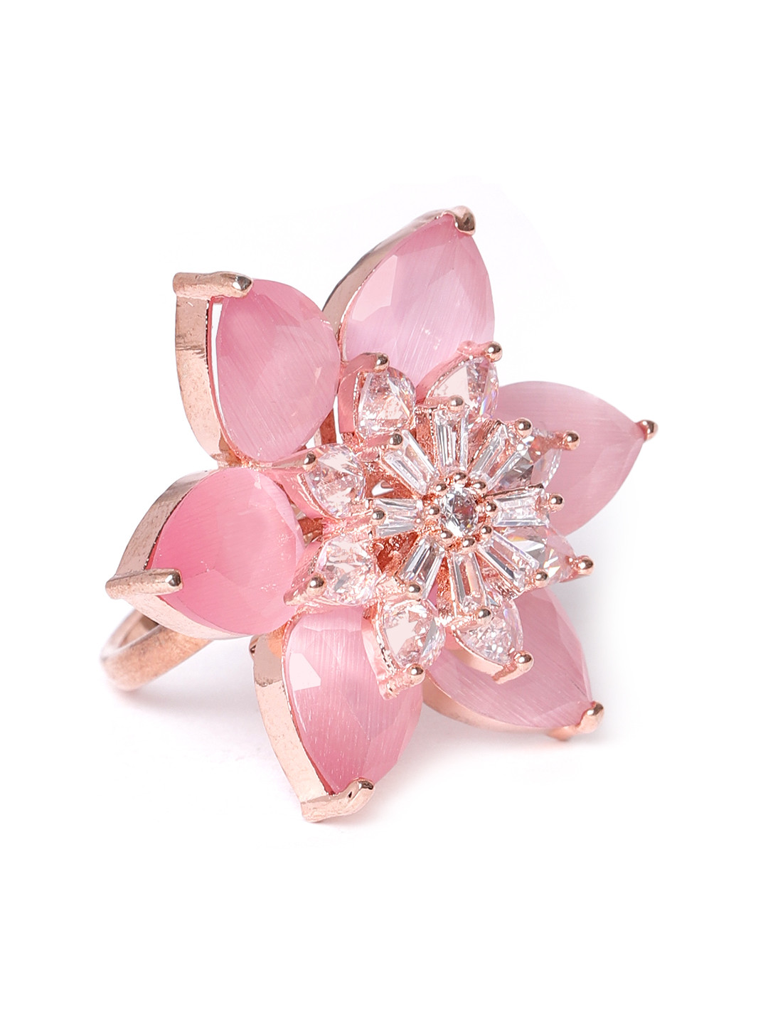 JEWELS GEHNA Pink Rose Gold-Plated AD-Studded Handcrafted Adjustable Floral Finger Ring