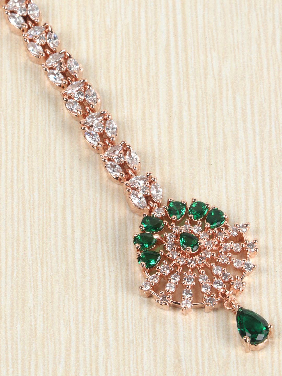 JEWELS GEHNA Green Rose Gold-Plated CZ Stone-Studded Handcrafted Maang Tika