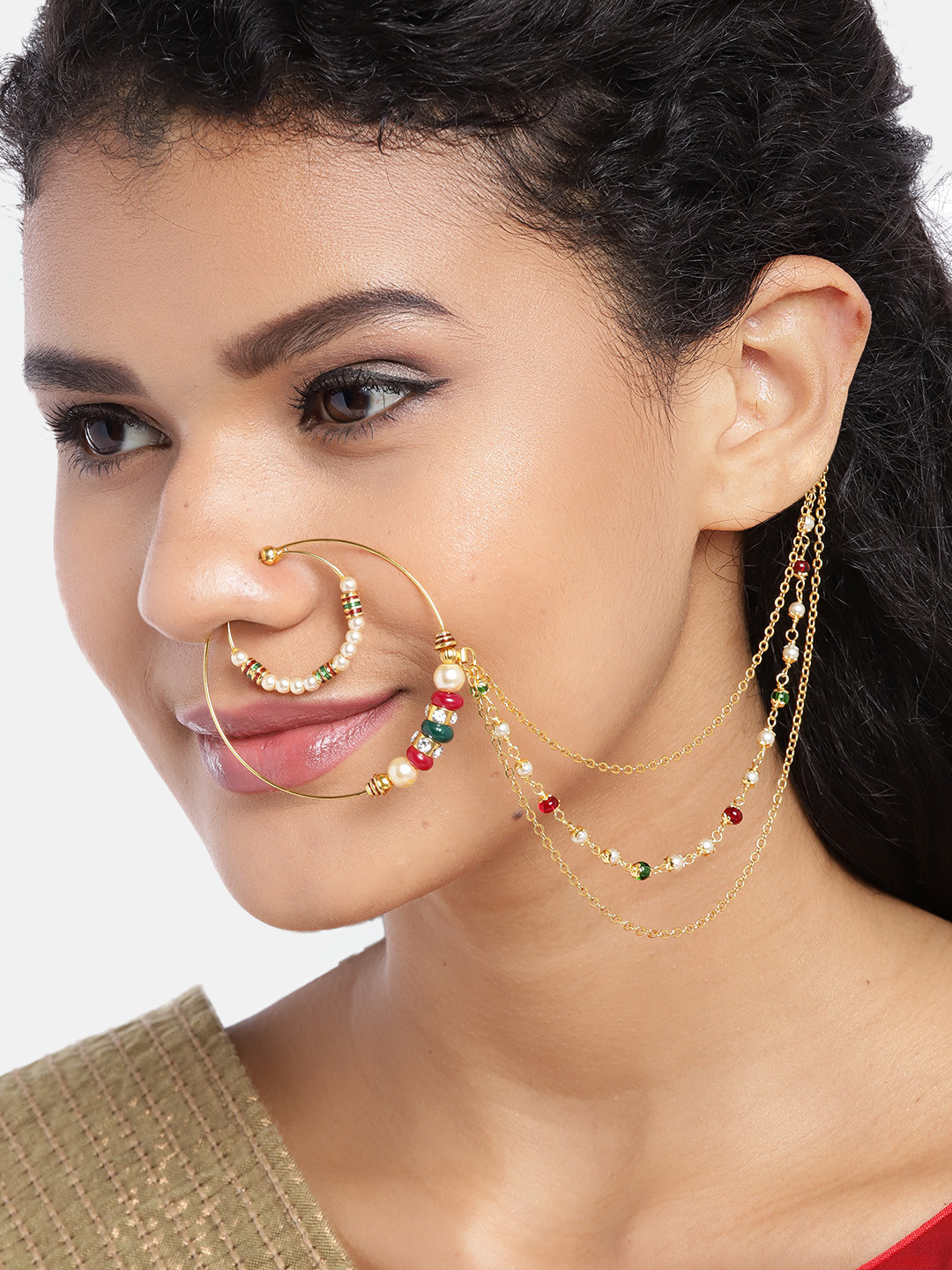 JEWELS GEHNA Maroon Gold-Plated CZ-Studded & Beaded Chained Nose Ring