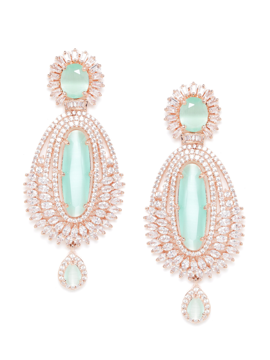 JEWELS GEHNA Sea Green Rose Gold-Plated AD-Studded Handcrafted Oval Drop Earrings